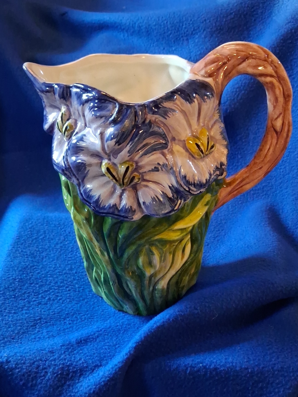Neiman Marcus Hand-Painted Floral Ceramic Pitcher in Blue, Green and Brown